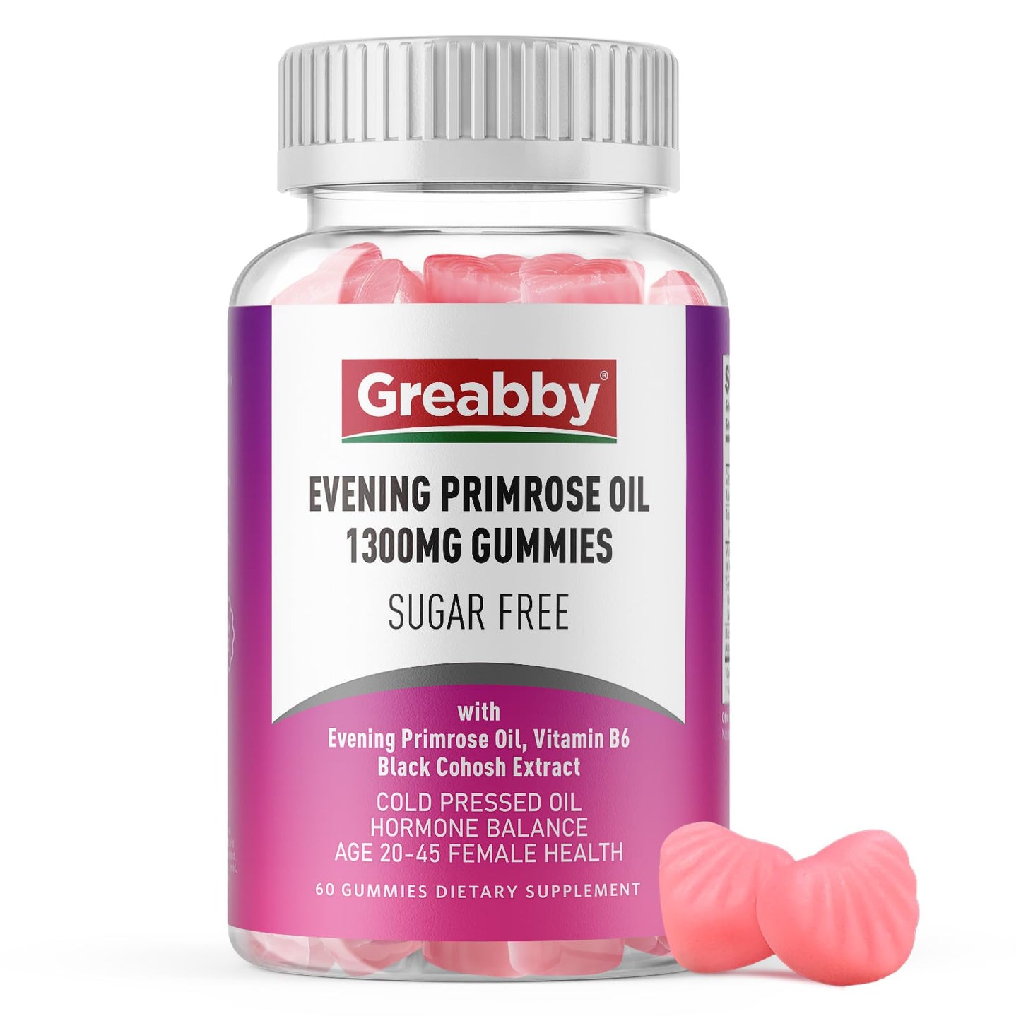 GREABBY Evening Primrose Oil Gummies 1300mg with Black Cohosh & Vitamin B6, Sugar-Free, PMS Relief Supplements for Women 20-45, Chewable PMS Gummies, Strawberry Flavor, Vegan, Pectin, 60 Count