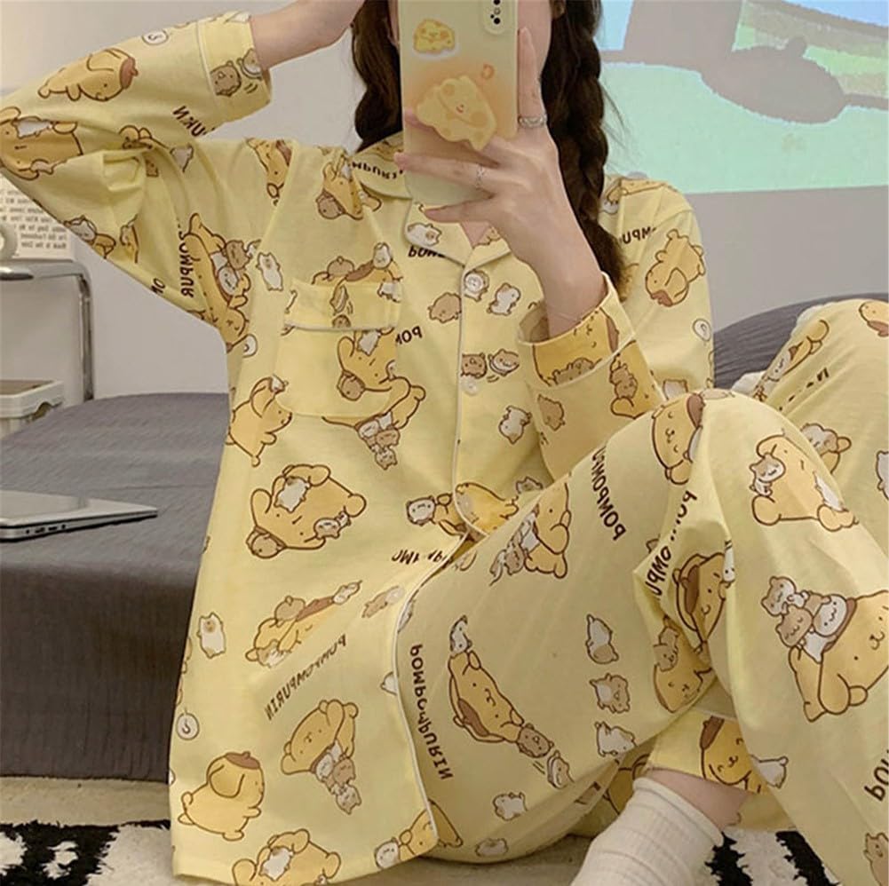 WANHONGYUE Cartoon Printed Pajamas for Women Girls Long Sleeve Shirt with Pj Pants Sleepwear Home Wear 2 Piece Pajama Sets Yellow M