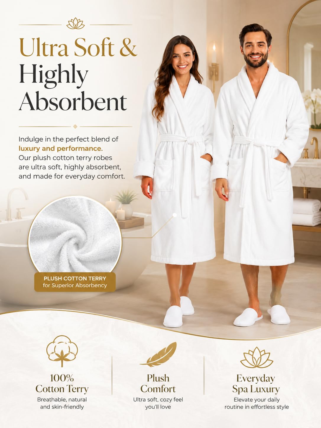 BIOLINEN 2 Pack Robes for Women Men 100% Cotton Terry Cloth Bathrobe with Slippers, Plush Spa Robe, Shawl Collar Bath Robe, Unisex One Size, White
