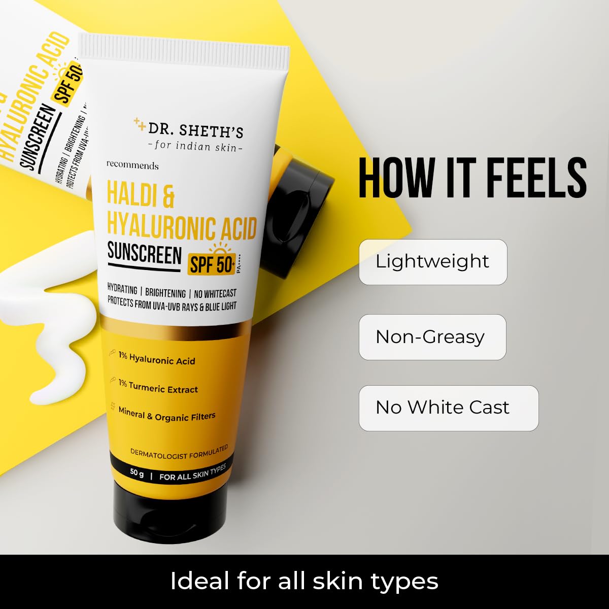 Dr. Sheth's Haldi & Hyaluronic Acid Sunscreen with 1% Hyaluronic Acid Spf 50+ Pa+++ Protects Against UVA/B & Blue Light Hydrating & Brightening For Men & Women For All Skin Type 50 g
