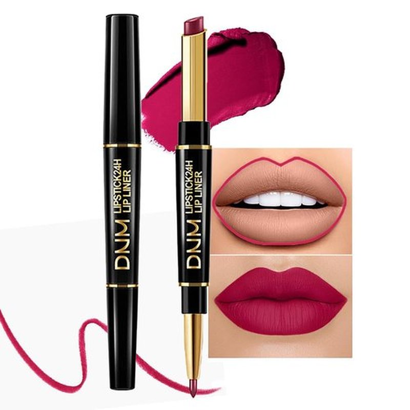 2 in 1 Plum Red Matte Lip Liner & Lipstick Combination, DNM Metallic Dual Ended Lipstick, Lip Liner, Lip Gloss, 24 Hour all Day Long-Lasting Waterproof Lipliners Pencil for Women Lip Makeup Gift Set02