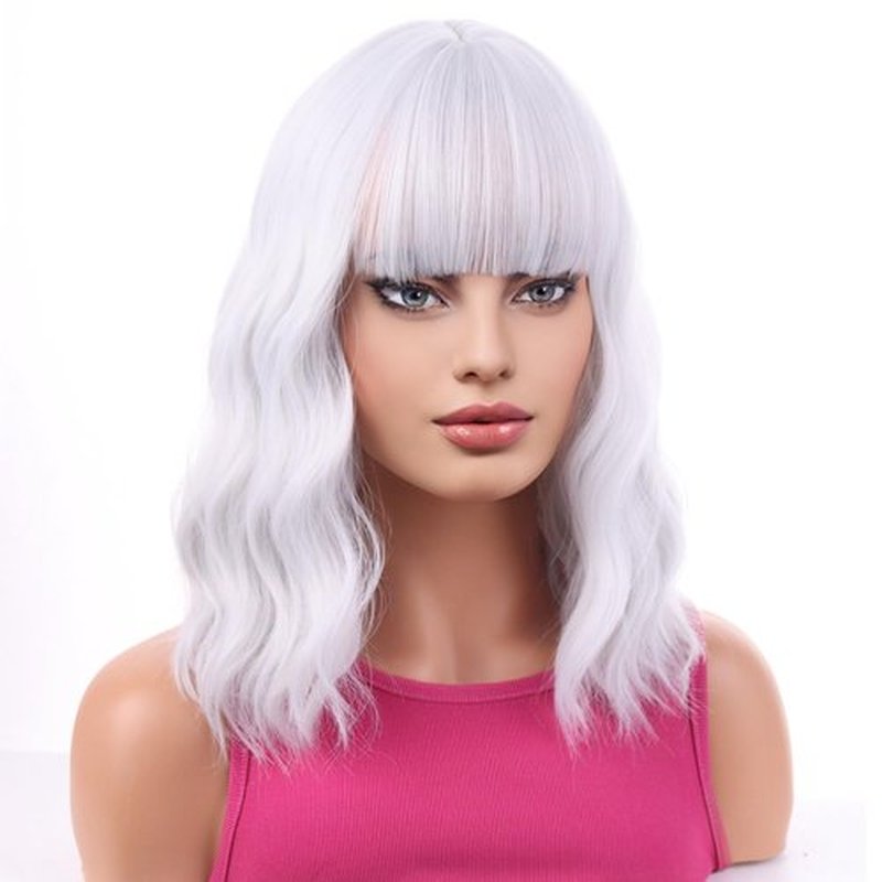 BERON 14 Inches Silver Wig Short Curly Wig Women Girl's Synthetic Wig Silver White Wig with Bangs Wig Cap Included