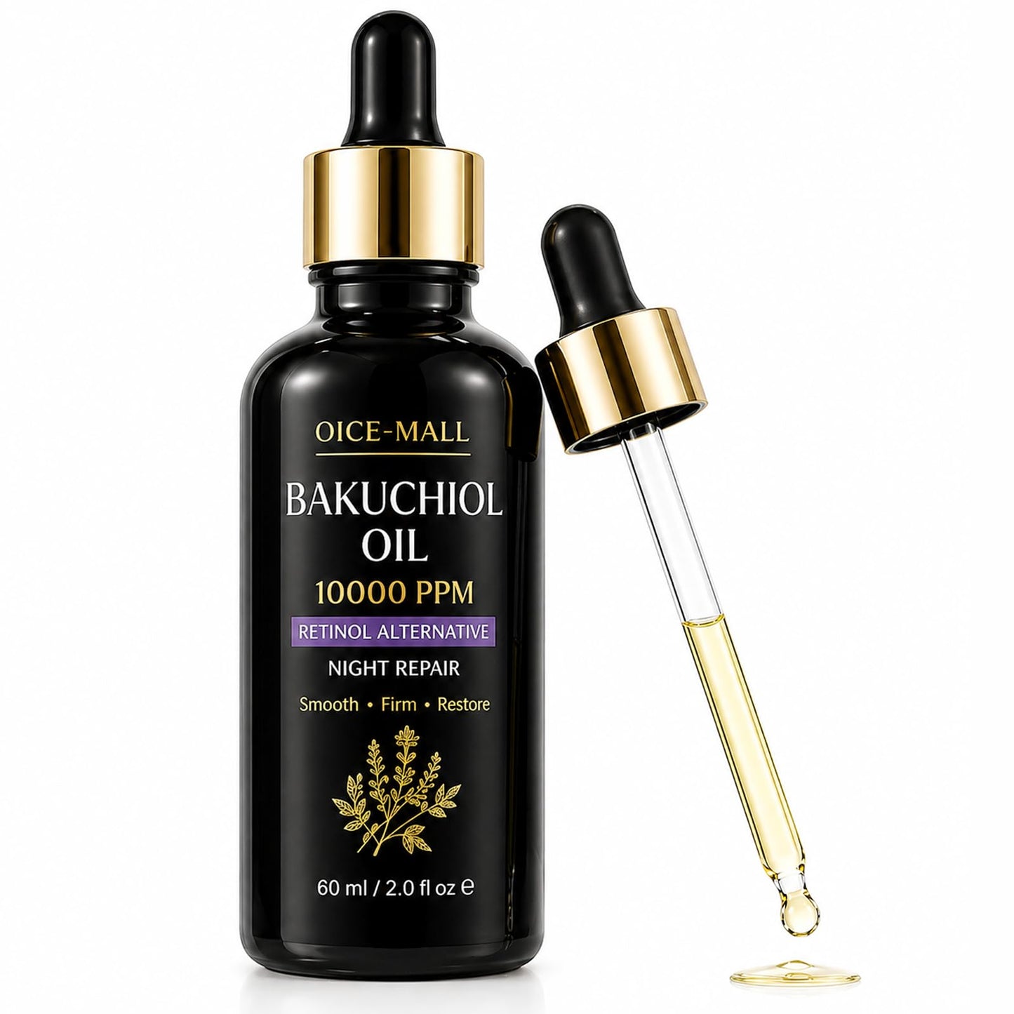 Bakuchiol Oil 10000 PPM, Plant-Based Retinol Alternative Facial Oil, Night Repair Face Oil for Fine Lines, Firmness & Radiance, Lightweight Anti Aging Oil with Squalane, Rosehip & Marula, 2 fl.oz