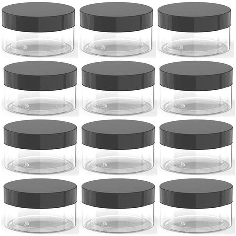 2oz Plastic Cosmetic Jars Leak Proof Clear Container with Black Lid for Cream, Lotion, Powder, ointment, Beauty Products etc, 12 Pcs.