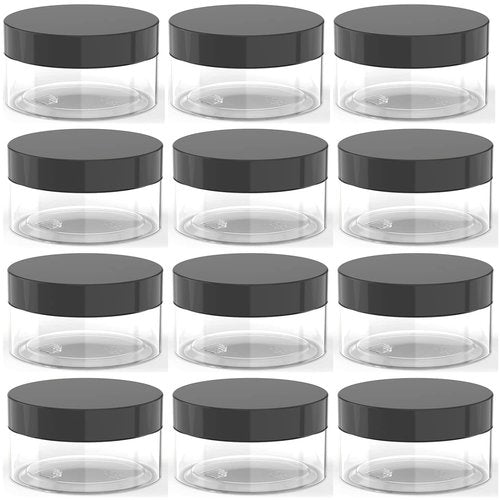 2oz Plastic Cosmetic Jars Leak Proof Clear Container with Black Lid for Cream, Lotion, Powder, ointment, Beauty Products etc, 12 Pcs.