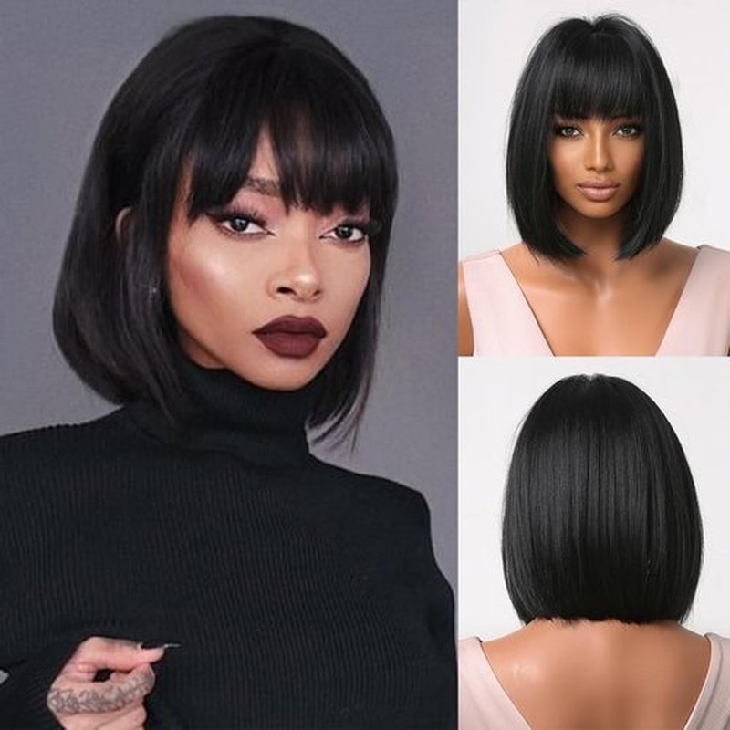 Allbell Black Bob Wig for Women Short Bob Wigs with Bangs Natural Looking Heat Resistant Synthetic Hair for Daily Cosplay Use