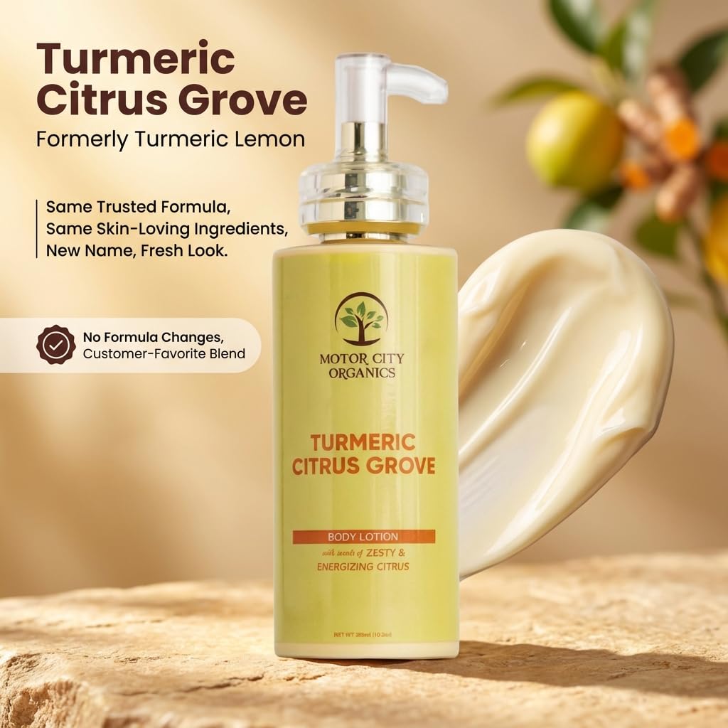 Motor City Organics Turmeric Citrus Grove Body Lotion | Turmeric Root + Citrus Peel | 10.2 oz | Paraben-Free | All Skin Types