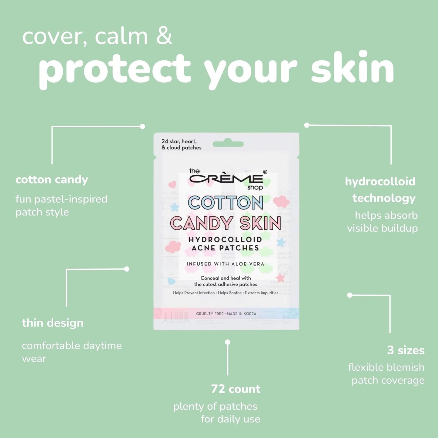 The Crème Shop Cotton Candy Skin Hydrocolloid Acne Patches - 72 count - 3 Size Variation - Blemish Patches for Breakouts, Whiteheads, Cystic & Hormonal Acne