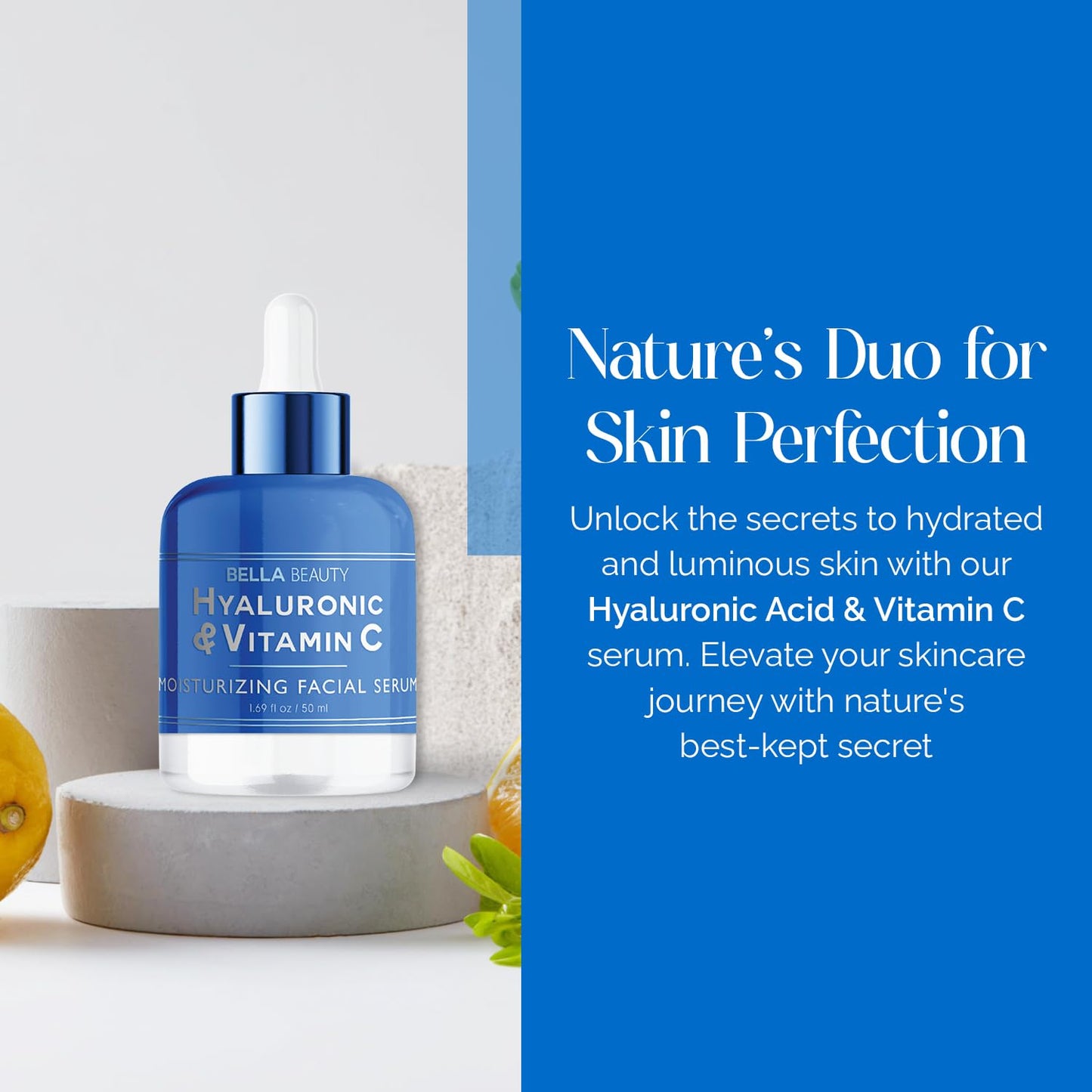 Bella Beauty Hyaluronic Acid & Vitamin C Moisturizing Facial Serum - Hydrating, Reduces Wrinkles & Fine Lines, Boosts Collagen - Dermatologist Tested, Korean Skin Care for All Skin Types - 1.69 Fl. Oz