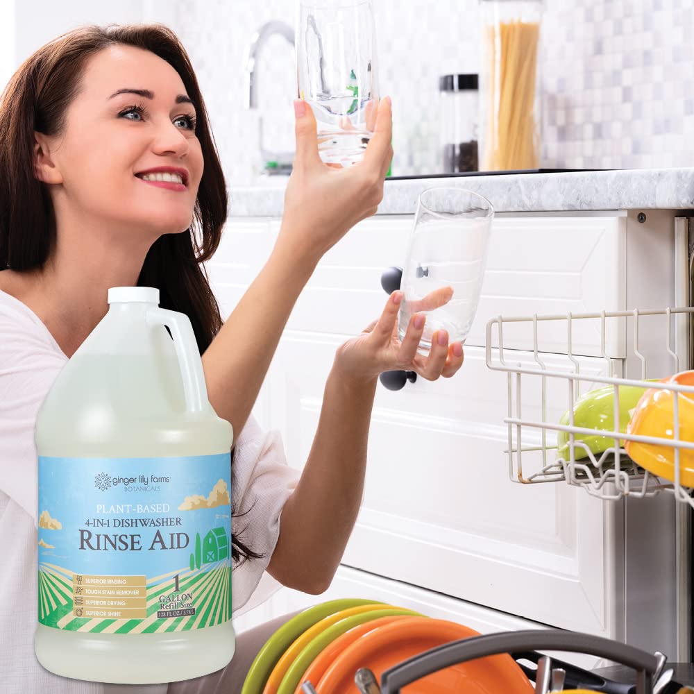 Ginger Lily Farms Botanicals Plant-Based 4-In-1 Dishwasher Rinse Aid, 100% Vegan & Cruelty-Free, Fragrance-Free, 1 Gallon (128 fl oz) Refill, 128.00 Fl Oz (Pack of 1)