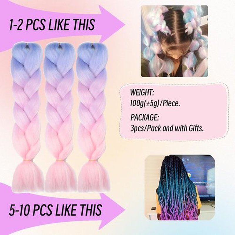 Jumbo Braiding Hair Fiber Mix Four Silky Colorful Twist Braiding Hair 3pcs Rainbow Colors Extensions Synthetic Hair Blue-Purple-Pink Synthetic Fiber Soft Healthy (24 Inch 3pcs)