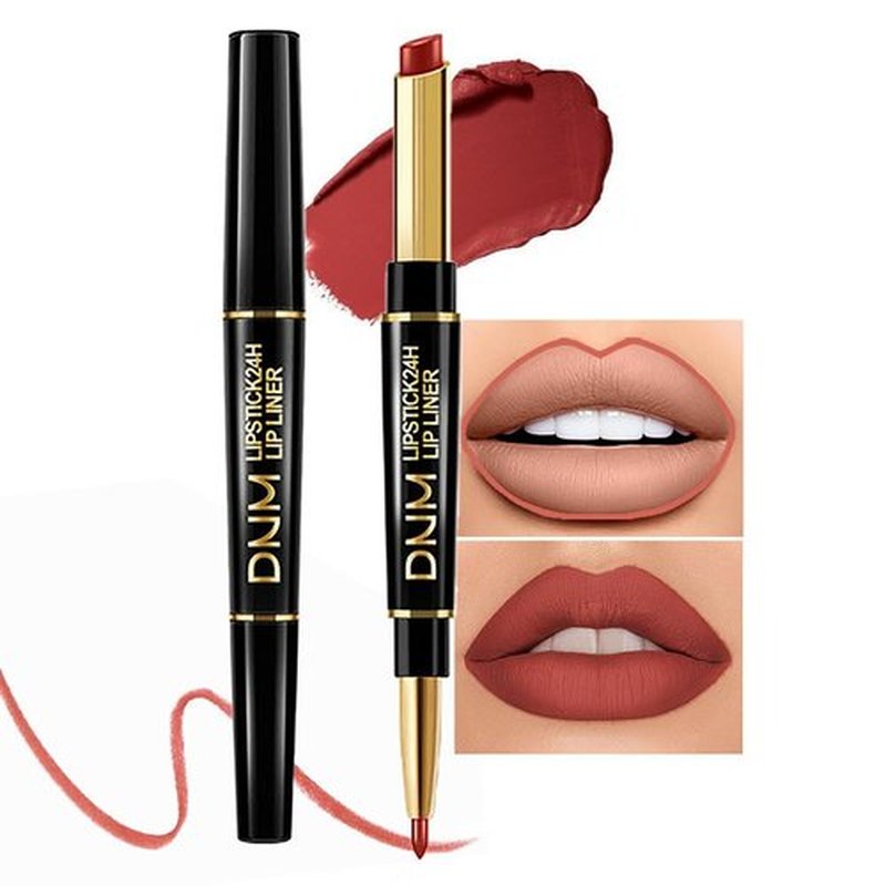 2 in 1 Light Brown Matte Lip Liner & Lipstick Combination, DNM Metallic Dual Ended Lipstick, Lip Liner, Lip Gloss, 24 Hour all Day Long-Lasting Waterproof Lipliners Pen for Women Lip Makeup Gift 10#