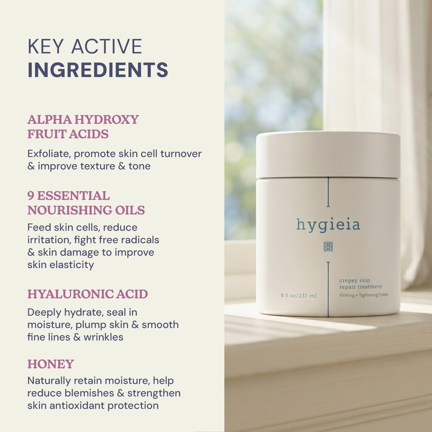 Hygieia + Crepey Skin Full Body Moisturizing & Firming Cream – Tighten & Smooth Crepey Skin - Anti-Aging Moisturizer with Hyaluronic Acid, AHAs & Natural Oils to Rejuvenate, Soften & Hydrate, 8oz
