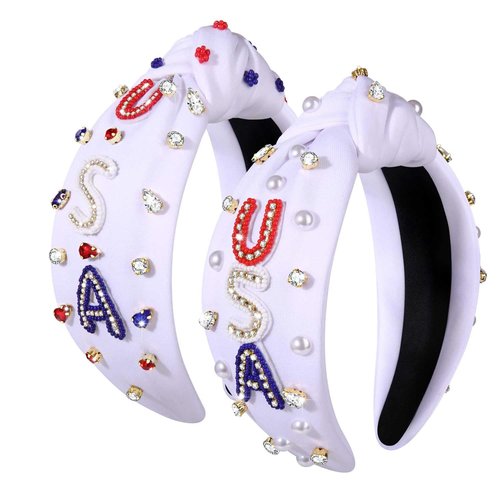PHALIN American Headband for Women 4th of July Headband Embellished Crystal Rhinestone Knotted Headband USA Star Headband Independence Day Hair Accessories Party Gifts (2PCS C)