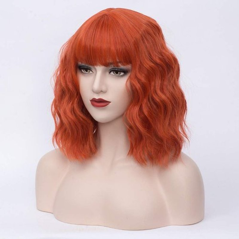BUFASHION 14" Women Short Wavy Curly Wig Orange Bob Wig Cosplay Halloween Synthetic Wigs Wigs With Neat Bang Wig With Free Wig Cap (Orange 1)