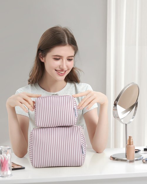Narwey Striped Makeup Bag Travel Cosmetic Bag Organizer Toiletry Bag Make Up Bags with Compartments for Women (Large, Dusty Rose Stripe)