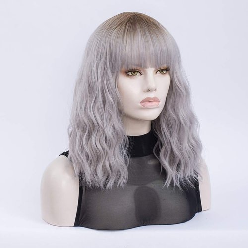 QACCF Short Wavy Shoulder Length Women Full Bang Heat Resistant Wig (Gray)