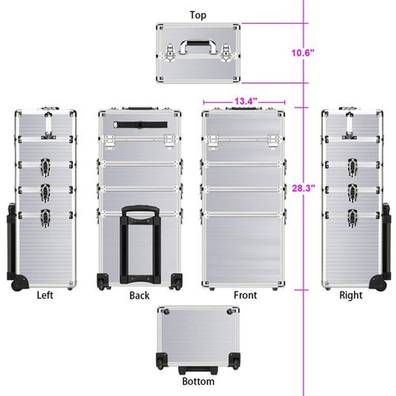 OUDMAY Makeup Rolling Train Case 4-in-1 Professional Artist Trolley Cosmetic Organizer with 2 Wheels Durable Aluminum Frame Folding Trays and Locks Silver