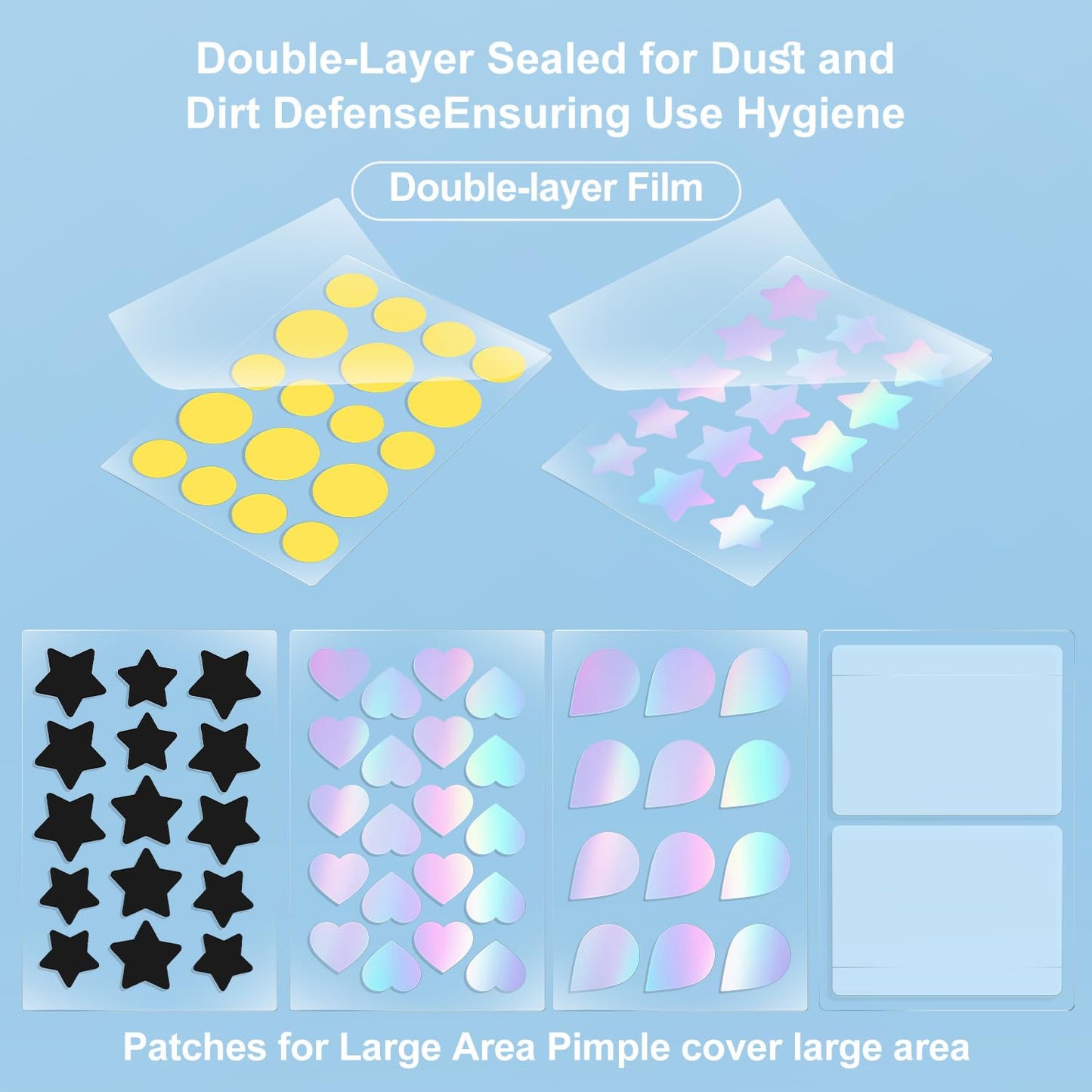 Pimple Patches for Face, Various styles, colors, Large Hydrocolloid Pimple Patches, 300 Count Pimple Patche, Good for blemishes with a head and visible gunk, With a Cute mirror case