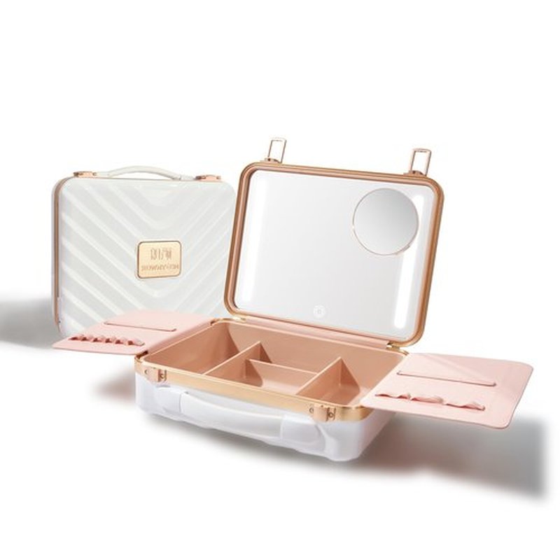 ROWNYEON Travel Makeup Case With Light Up Mirror - Portable Organizer and Train Case for Makeup Artists and Hairstylists with 5x Mirror(White)