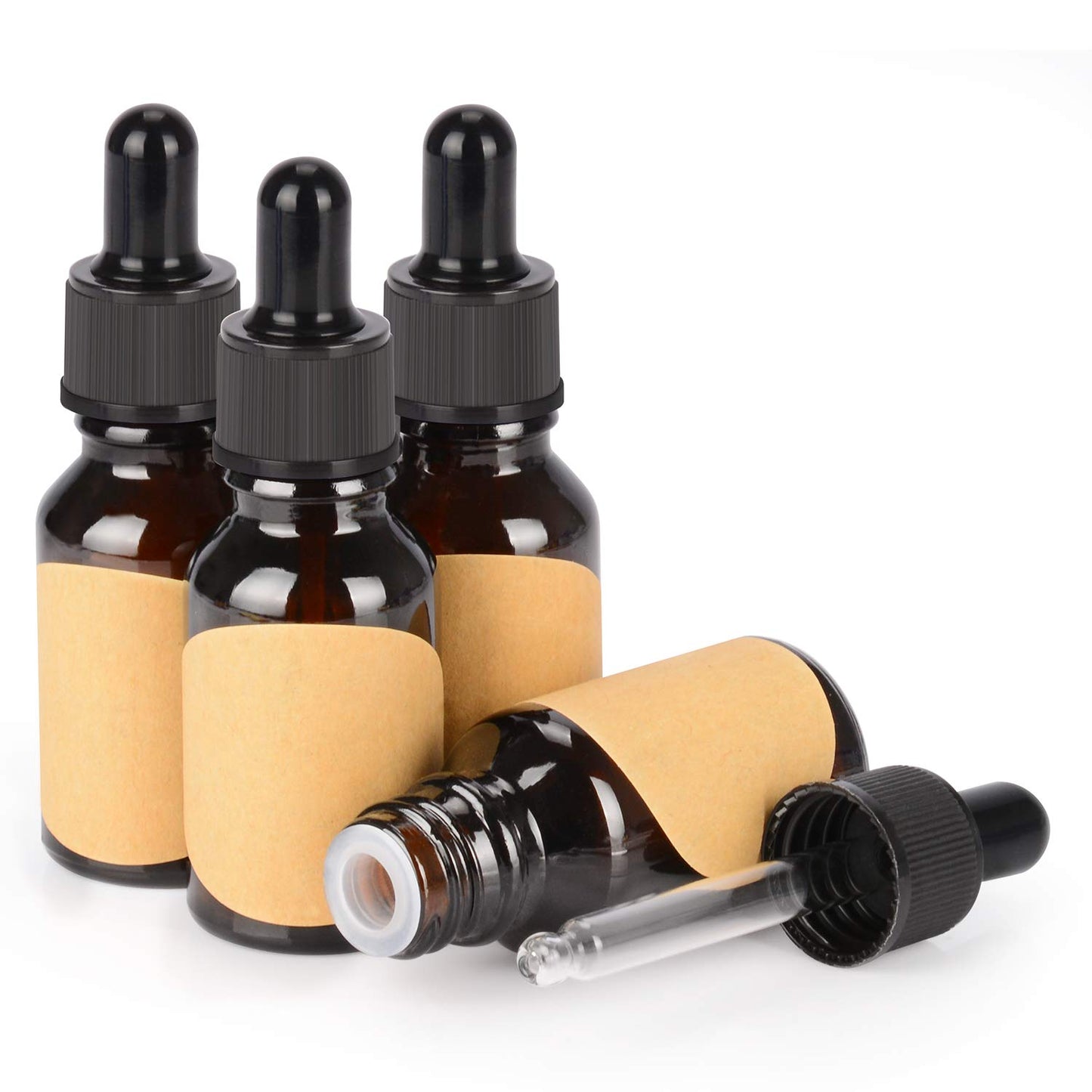 stonylab 15ml (0.5 oz) 4-Pack, Amber Glass Dropper Bottle, Brown Empty Glass Bottle with Glass Dropper, Inner Plug and Label for Laboratory Solutions and Chemical Liquids