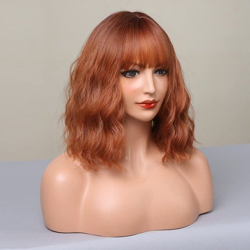 MAGQOO Ombre Dark Orange Auburn Wig Women Dark Roots Orange Bob Wig Short Curly Wavy Red Copper Wig with Bangs Synthetic Heat Resistant