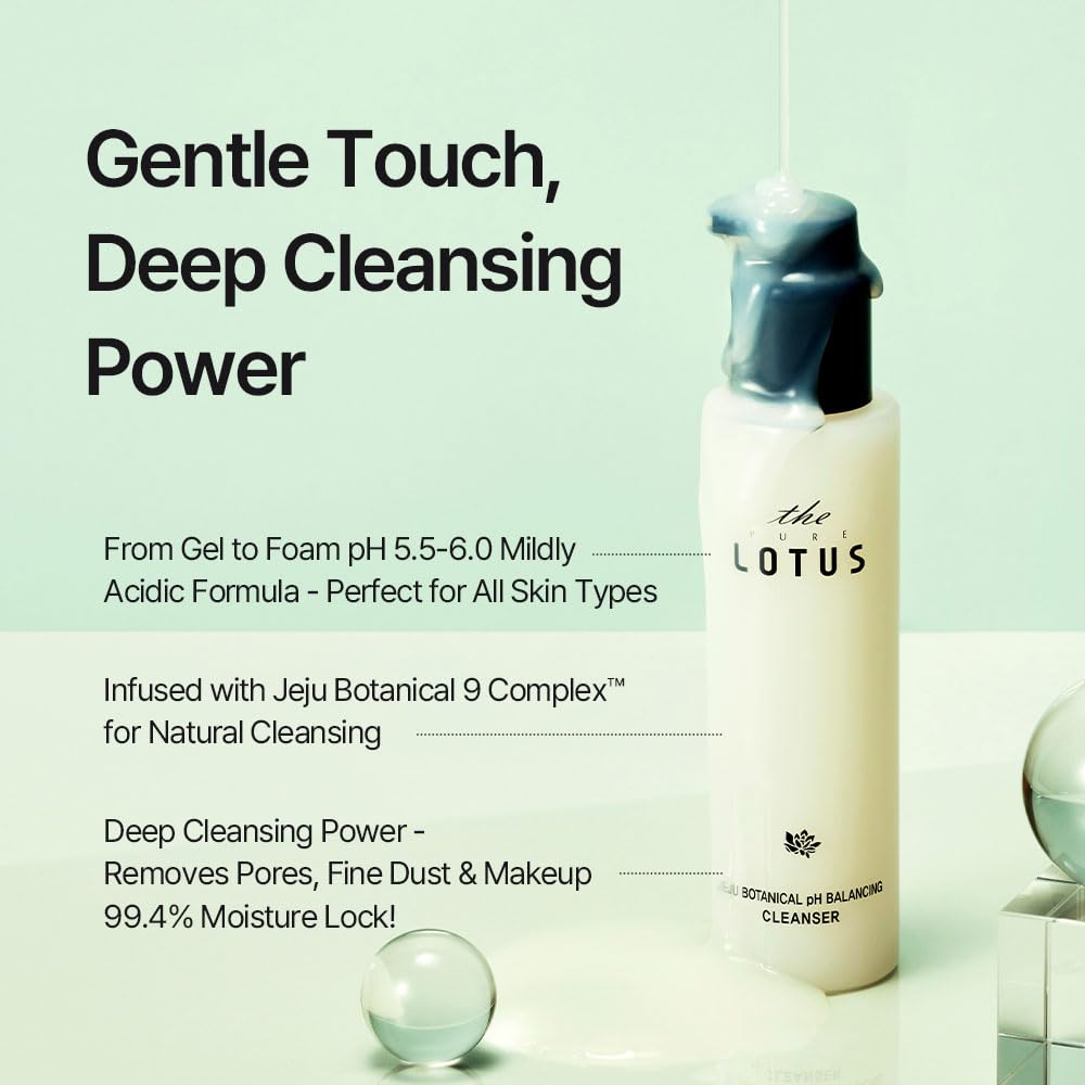 THEPURELOTUS Jeju Botanical pH Balancing Cleanser (6.76 fl.oz) - Mildly Acidic pH6.5, 2-in-1 Gentle Daily Gel-to-Foam Korean Face Wash, Vegan Cleanser