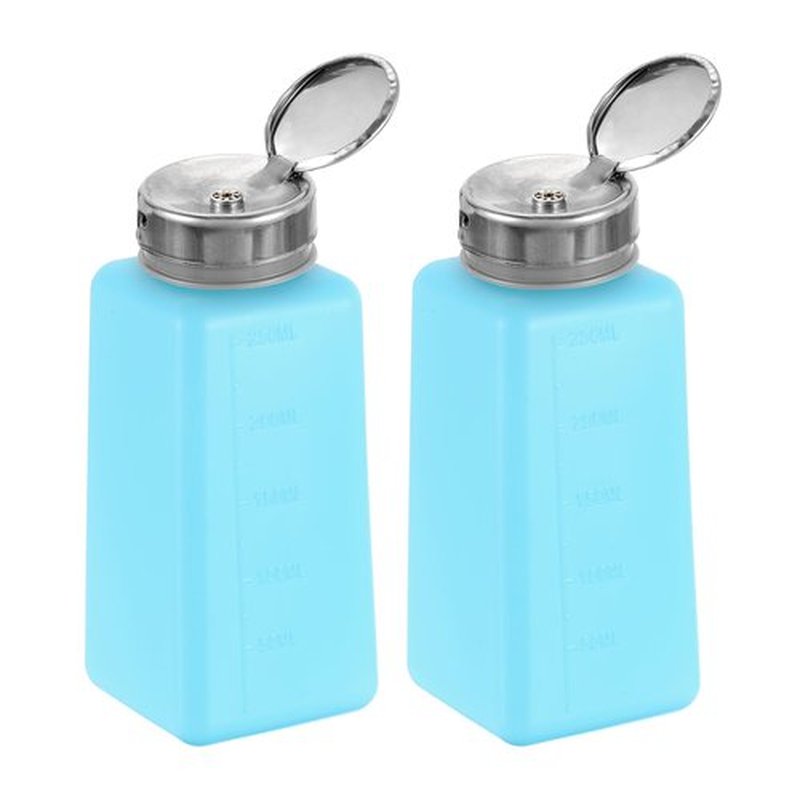HARFINGTON 2pcs Solvent Alcohol Dispenser 250ml(8.8oz) Nail Polish Remover Push Down Liquid Dispenser Pump Bottle with Stainless Steel Press Head for Acetone Cleanser Polish Remover, Blue