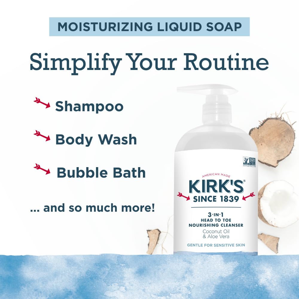 Kirk's Original Fresh 3-in-1 Nourishing Cleanser and Travel Bar Soap, Shampoo Body Wash Bubble Bath, Coconut Oil and Aloe Vera, Vegan Non-GMO, 32 Fl Oz