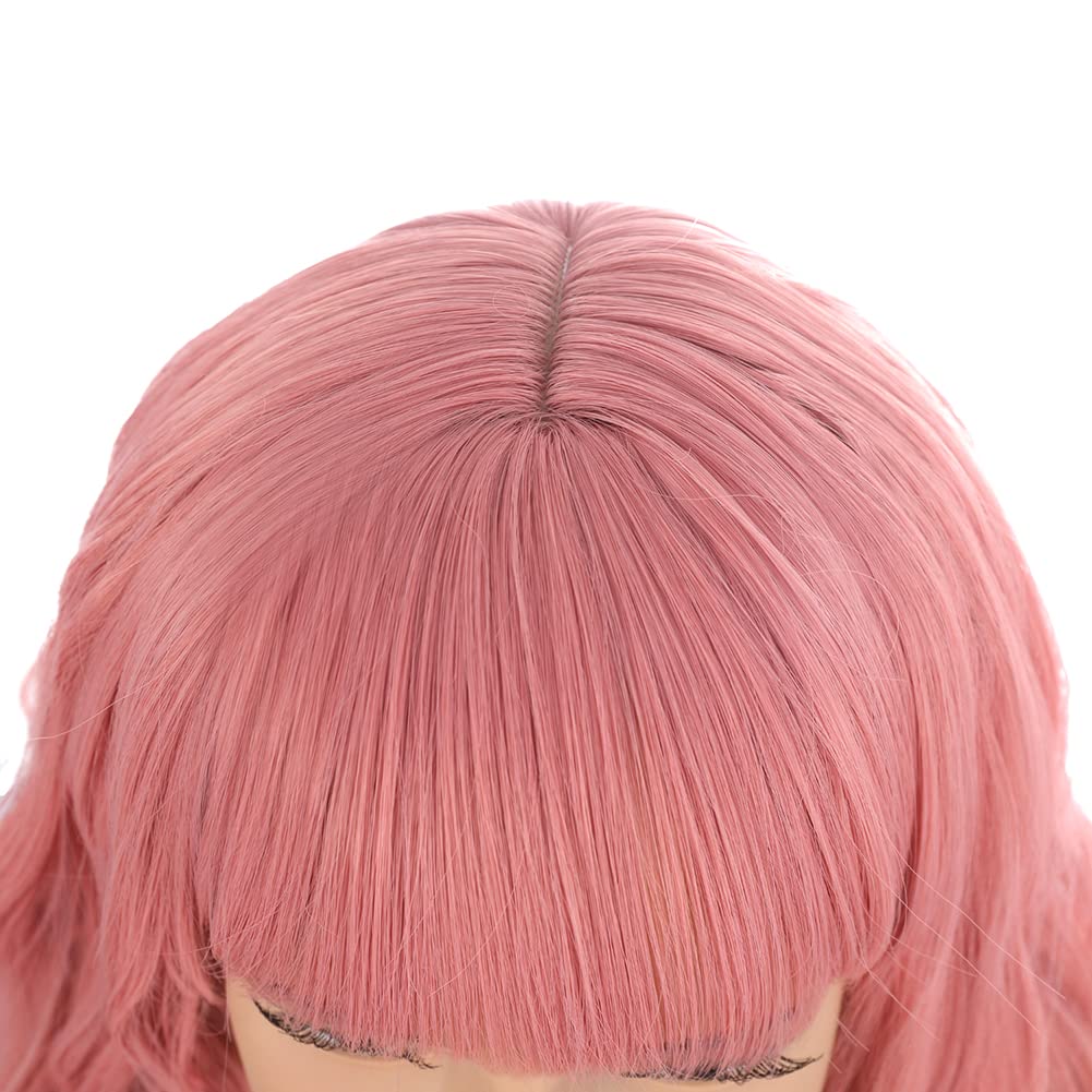 PATTNIUM Pink Wig Kids Short Wavy Wig Pink Wig with Bangs Synthetic Hair Girls Pink Wig Cosplay Costume Wig (Pink)