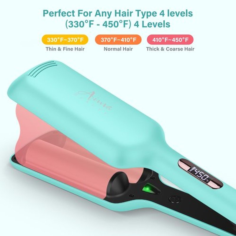 Aima Beauty 32mm 2 Barrel Curling Iron, Mermaid Hair Waver, Anti-Scald Hair Curling Iron, Negative Ionic Emitter, Lock Hair Moisture, Short/Medium/Long Hair, Light Green