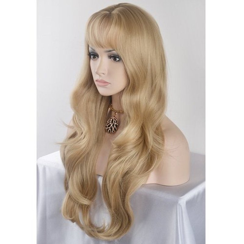 BERON 27 Inches Blonde Wig Long Wavy Wig Ash Blonde Wigs with Bangs for Women Gold Blonde Wig Synthetic Wig with Wig Cap