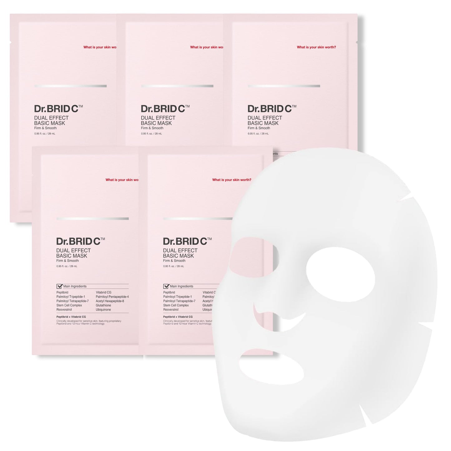 Dr.BRID C Dual Effect Face Mask - Firming & Hydrating Peptide Sheet Mask with Plant Stem Cells, Deep Moisture & Elasticity Boost for Dehydrated Skin, Korean Skin Care, 5 Sheets x 0.95 fl oz