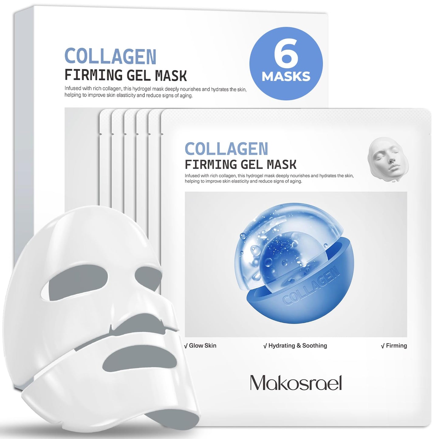 Makosrael 6 Pack Bio-Collagen Face Mask, Overnight Hydrating Hydrogel Face Masks - Fine Lines, Elasticity, Pore Minimizing, Firming, Glass Skin Face Sheet Masks Skincare