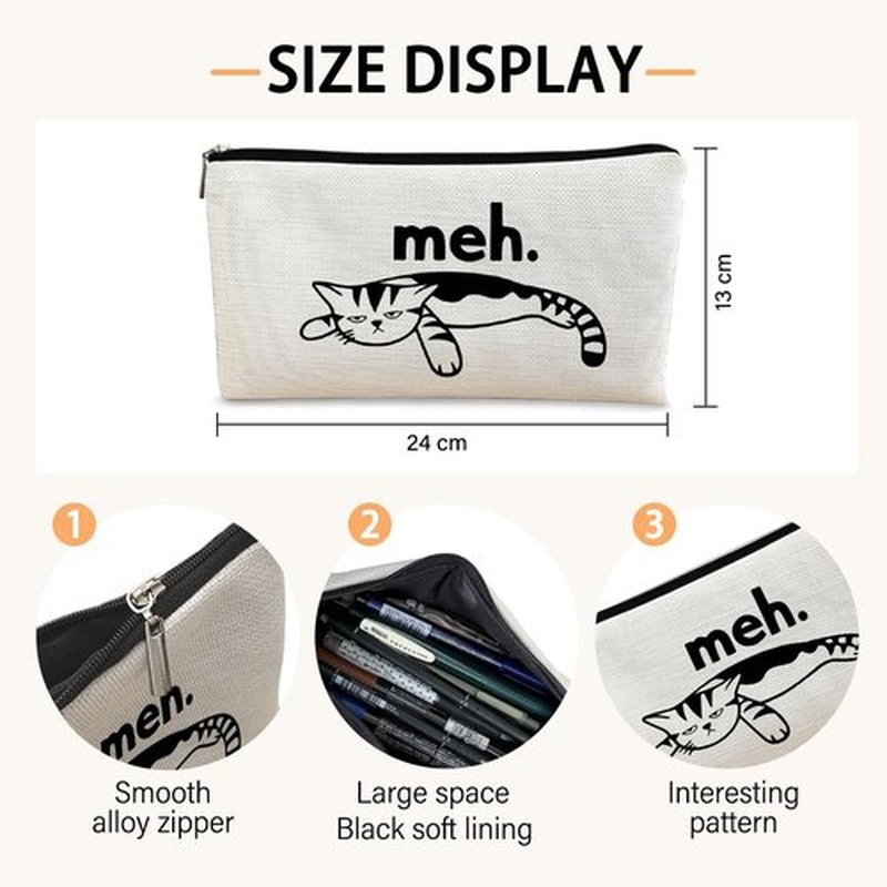 BARPERY Cat Meh Makeup Bag,Cat Gifts for Cat Lovers,Funny Sarcastic Cosmetic Bag Zipper Travel Toiletry Bag Best Gift Idea for Cat Lovers Teen Girls,Women Cat Mon Gifts