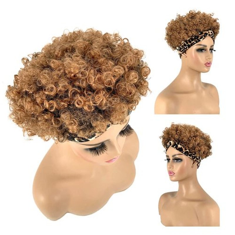 Allyreetress Short Curly Wigs with Headbands Attached for Black Women Synthitic Kinky Curly Afro Puff No Drawstring Ponytail Wig Headwrap Hairstyles With 2 Clips(T1B/30)