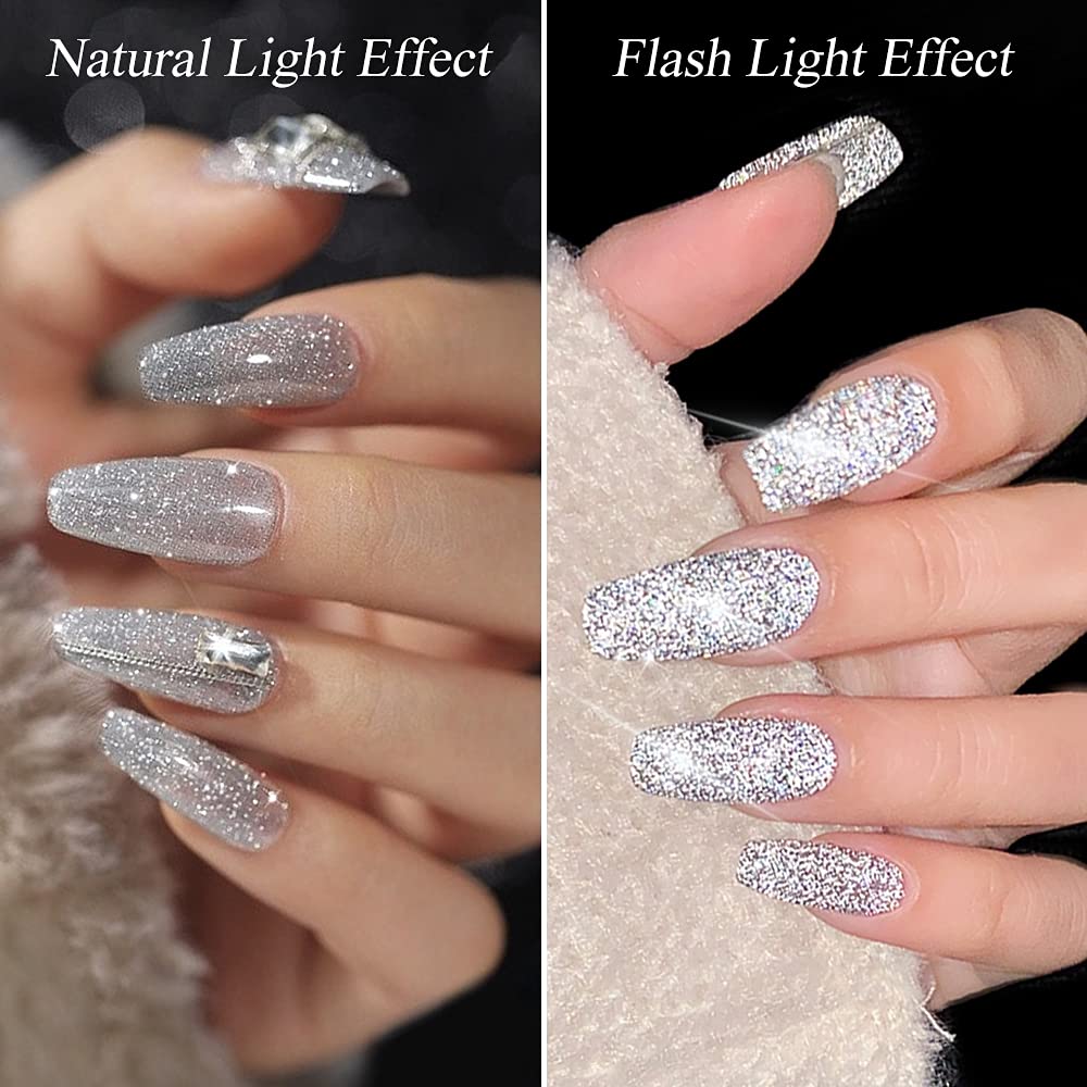 VERONNI Glitter Nail Gel Poish,Reflective Shine Nail Gel Polish Diamond Sparkling Explosion Nail Gel Soak Off UV LED Gel Nail Art Manicure10ml -Silver (S-001)