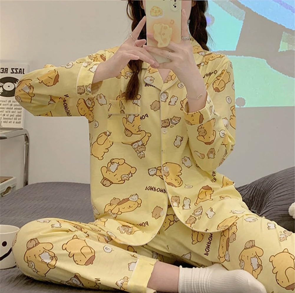 WANHONGYUE Cartoon Printed Pajamas for Women Girls Long Sleeve Shirt with Pj Pants Sleepwear Home Wear 2 Piece Pajama Sets Yellow M