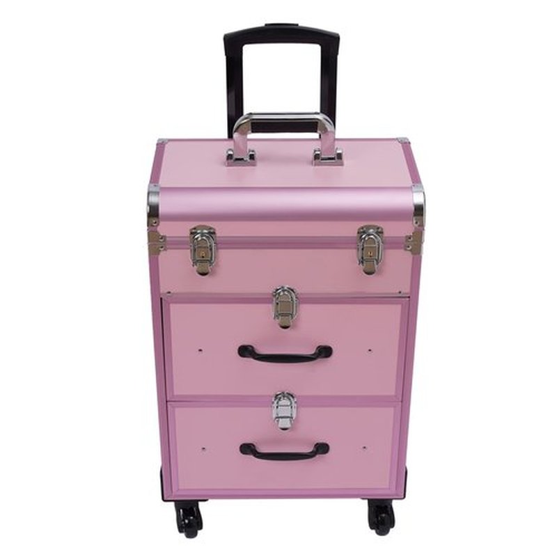 Rolling Makeup Train Case Professional Cosmetic Organizer Trolley with Drawers Compartment Nail Case Wheeled Manicure Pedicure Storage Case for Hair Stylists Makeup Artists (Light Pink & Silver)
