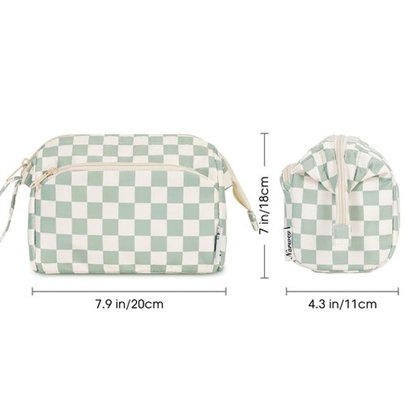 Narwey Checkered Makeup Bag Women Wide-open Make up Bag Travel Cosmetic Bag Organizer Toiletry Bag for Cosmetics Toiletries Accessories (Mint Green Checkerboard)