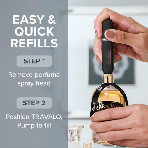 Travalo Classic HD Perfume Atomizer | Genie-S TSA Approved Travel Perfume Bottle Refillable | Reusable Airtight Easy-Fill Mini Pump Sprayer | Lightweight Elegant Design w/Volume Window | Black 0.17oz