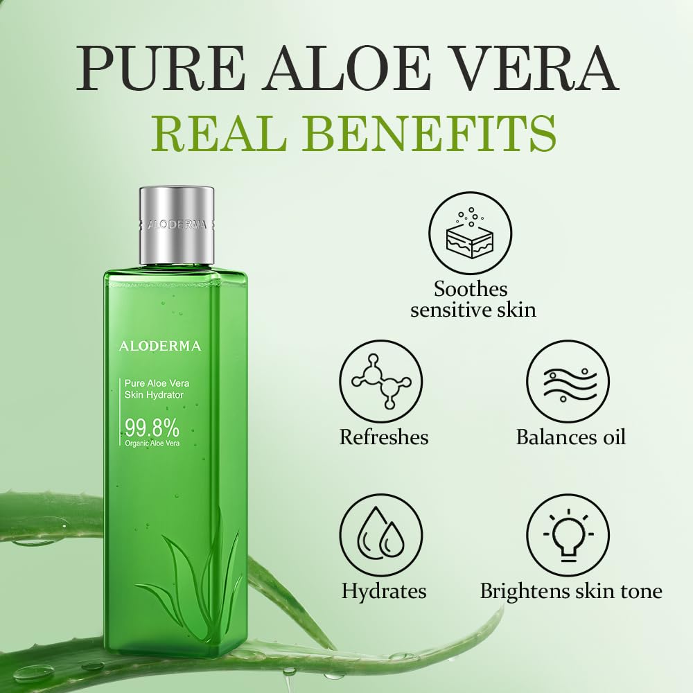 Aloderma 99.8% Organic Aloe Vera Face Hydrator Made Within 12 Hours of Harvest - Moisturizing & Hydrating Facial Toner for Oily Skin, Soothing Aloe Toner for Balanced, Smooth Skin Texture, 240ml, 6ct