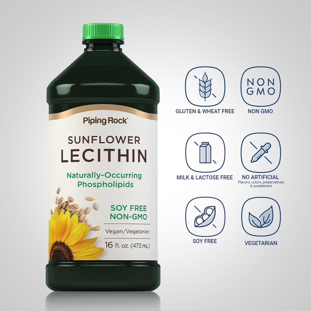 Piping Rock Sunflower Lecithin Liquid Supplement | 16 oz Oil | Naturally-Occurring Phospholipids | Vegan, Soy Free, Non-GMO, Soy Free, Gluten Free