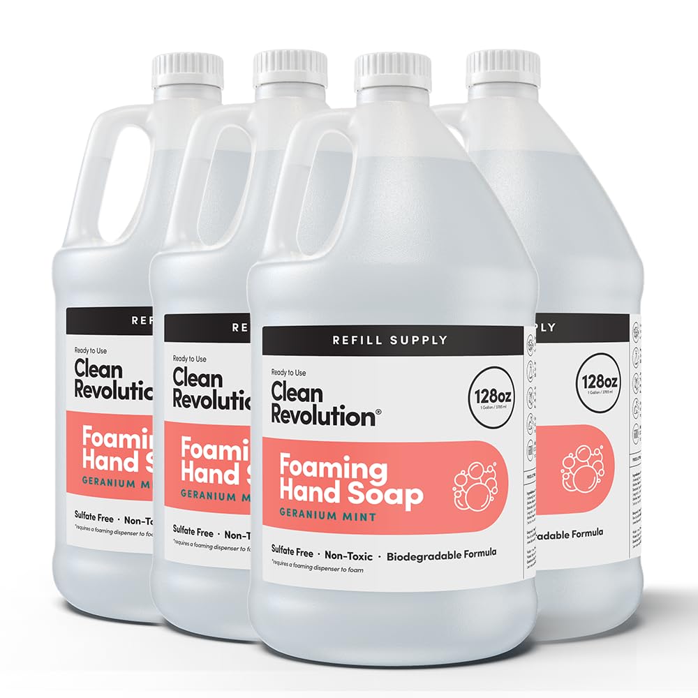 Clean Revolution Foaming Hand Soap Refill with Real Essential Oils, Moisturizing Sulfate-Free Hand Soap, Ready-to-Use Foam Soap Refill for Kitchen & Bathroom (Geranium Mint) 128 Fl Oz, 4 Pack