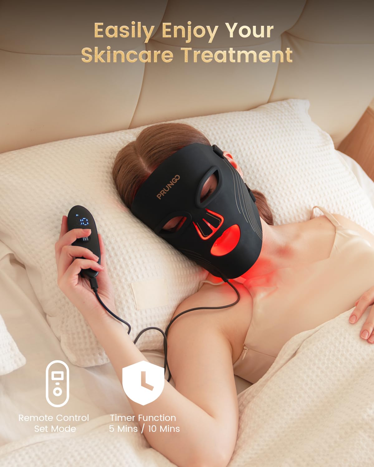 Red Light Therapy for Face – PRUNGO LED Mask with 3 Light Modes, Portable Rechargeable Device, 850nm Infrared, Lightweight & Comfortable with Remote Control and Timer, Equipped with 280 LED Lights