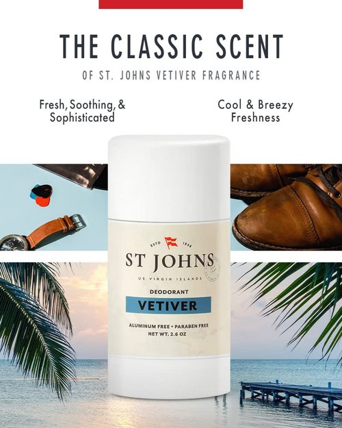 St Johns Vetiver Aluminum Free Deodorant | Long-Lasting, Odor Resistant, & Soothing | Clear Deodorant Stick | Odor-Free Deodorant Made of Natural Compounds | Vetiver Deodorant For Men (2.6 oz Stick)