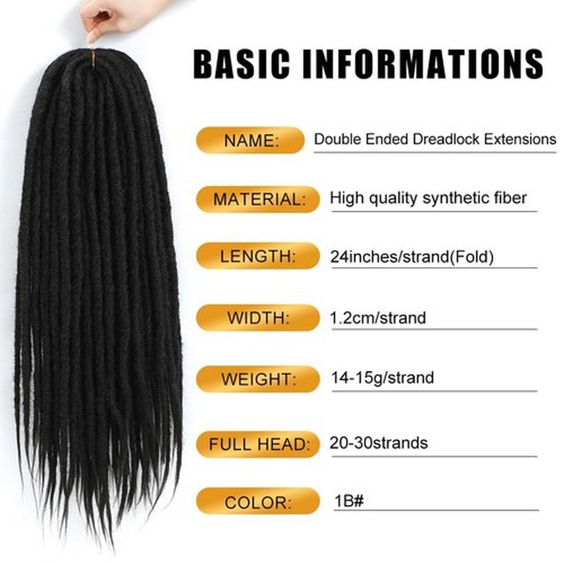 Aguacor Straight Dreadlocks Synthetic Double Ended Dreadlock Extensions 24inches 30 Strands Width 1.2cm Soft Black DE Dreadlock Extensions for Women (30 Strands, 1B#)
