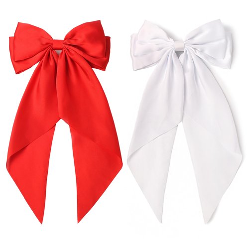 SUSULU Large Hair Bow Clips for Women Red Hair Bow White Hair Bow Slides for Girls Satin Hair Barrettes with Long Ribbon Tail,Wedding Birthday Women Hair Accessories Pack of 2