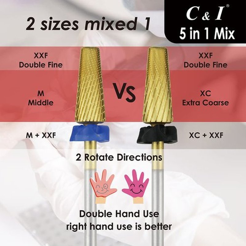 C & I 5 in 1 Nail Drill Bit, Mixed Sizes Edition, Cross Teeth, 2 Way, Professional Multi-function Nail Drills for Electric Manicure Drill Machine, Shank 3/32” (Mix, M & XXF)