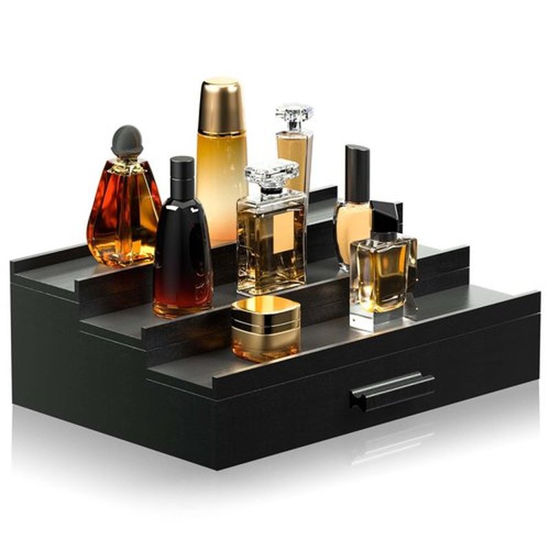 Sephyroth Wooden Cologne Organizer for Men 3 Tier of Elevated Cologne Display Shelf with Drawer Storage Perfume Organization and Storage Display Risers,Great Gift for Man(Black)